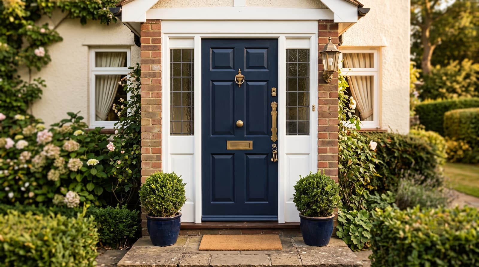 A navy front door of a well kept home with keys hanging in the lock, framed by garden planting