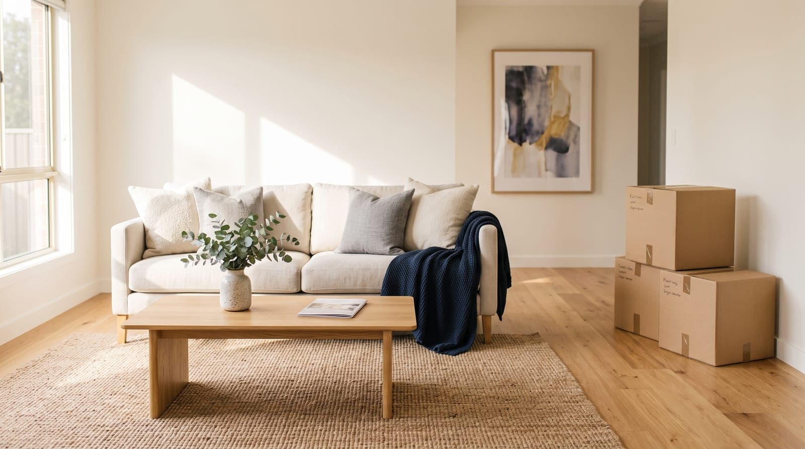 A bright, sparsely furnished living room with a linen sofa, eucalyptus on the coffee table and moving boxes stacked in the corner