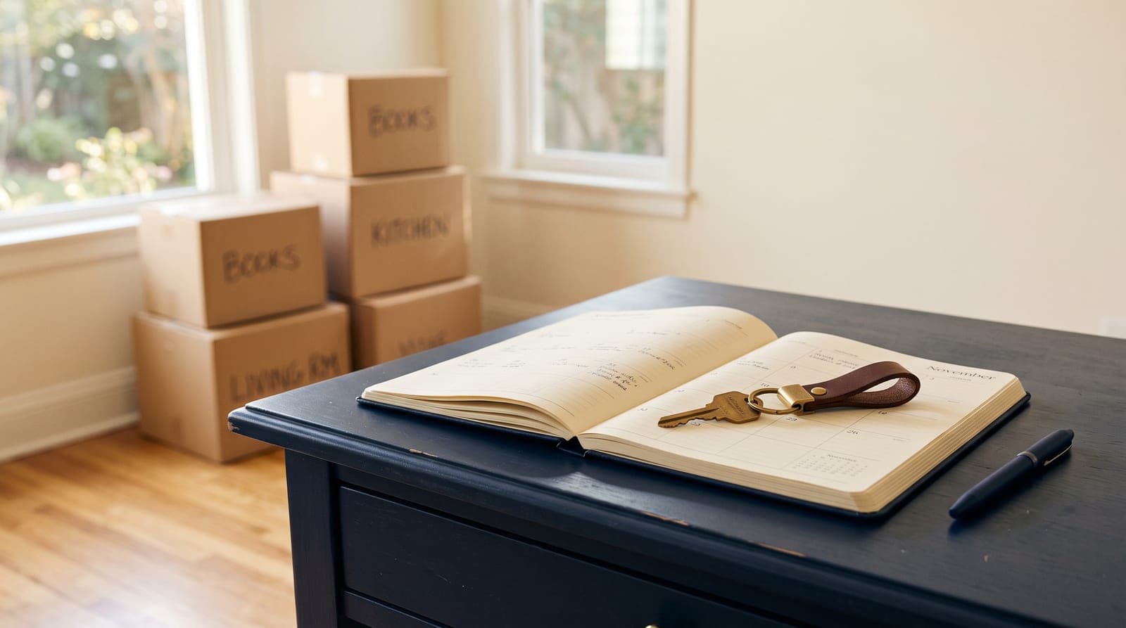 An open planner with a house key resting on it, moving boxes stacked in a bright empty room behind